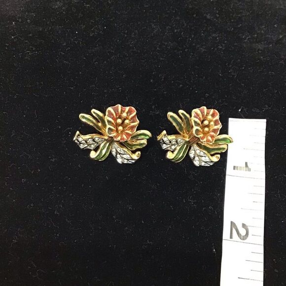 Joan Rivers Vintage Plique A Jour Orchid Brooch And Matching Pierced Earring Set - Picture 13 of 16